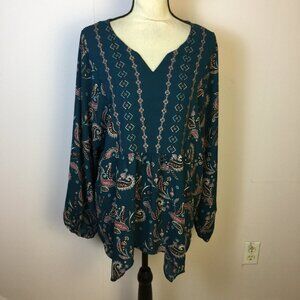 Style & Co Blouse Tunic Top XL Womans Teal Paisley Embroidered Asymmetrical Hem
